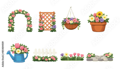 Colorful decorative floral arrangements with arches and pots