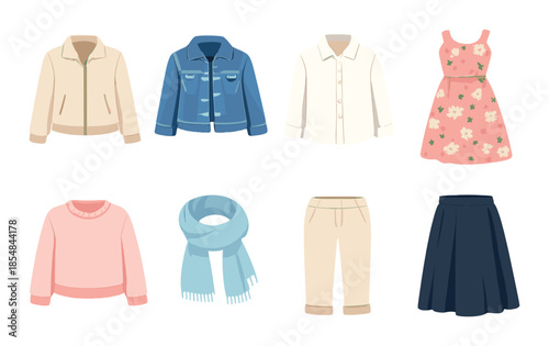 Colorful animated clothing collection featuring jackets, dress, sweater, scarf, trousers, skirt