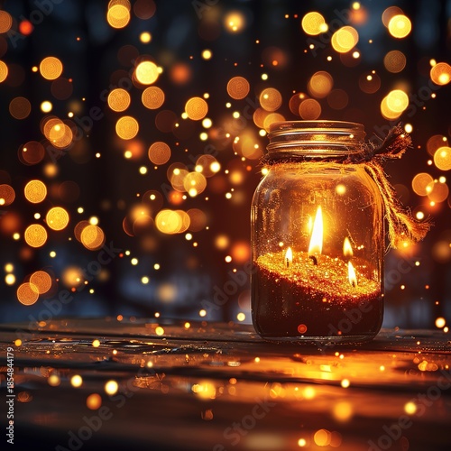 Glowing Candle in Glass Jar with Bokeh Lights