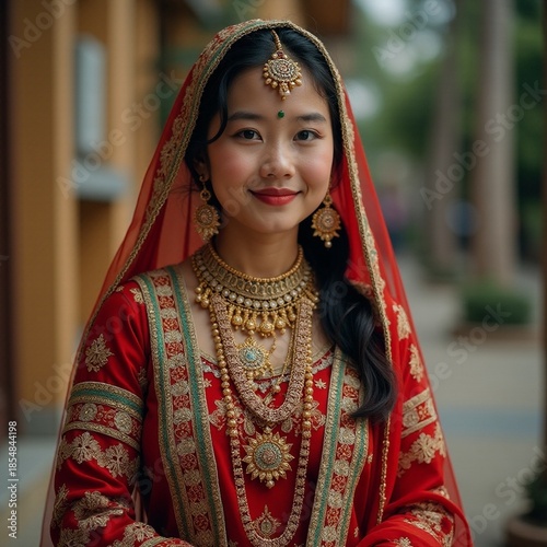 AI generated Beautiful woman from South Asia showcasing traditional jewelry and henna