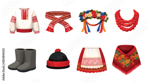 Traditional ukrainian clothing ensemble with accessories displayed on gradient background