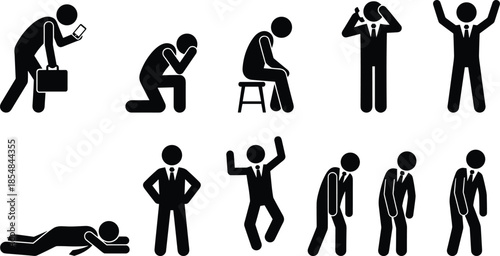 Silhouettes of human gestures and emotions, black figures, stress, joy, fatigue, contemplation, posture variety, expressive movement, white background, communication design