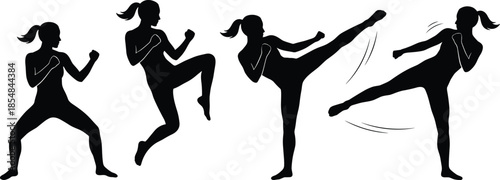 Silhouettes of martial artist kicking, black figure, combat stance, ponytail fighter, high kick, side kick, motion sequence, training pose, white background