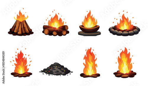 Various campfire styles: illustration of diverse bonfire designs with burning embers