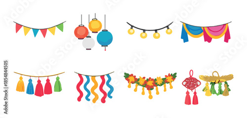 Vibrant festival decorations with string lights, lanterns, and colorful tassels