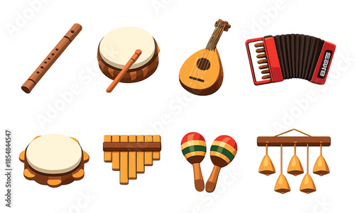 Colorful musical instruments collection including flute, drum, lute, accordion, tambourine, pan flute, maracas, bells