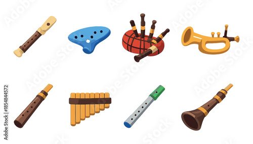 Colorful musical instruments collection featuring wind and percussion icons