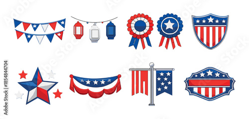 Patriotic decorations: stars, banners, badges, lanterns, shields in red, blue, white