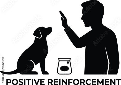 Silhouette of person training dog, black figures, positive reinforcement, treat jar, sitting dog, gesture command, obedience pose, white background