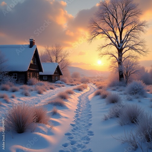 Snowy path leads to cozy cabin at sunset Generative AI