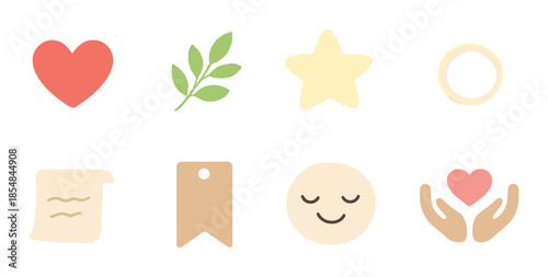 Neon icons: heart, leaf, star, sun, paper, tag, smile, hands holding heart