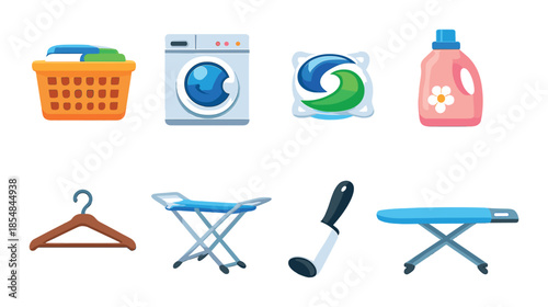 Colorful laundry icons with washer, detergent, and ironing tools