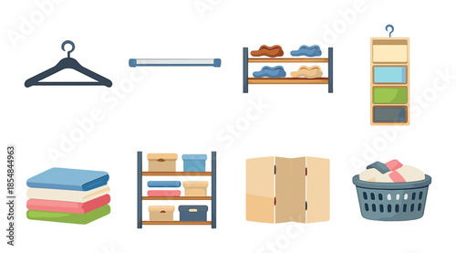 Organized closet essentials: hanger, shelves, storage, wardrobe icons