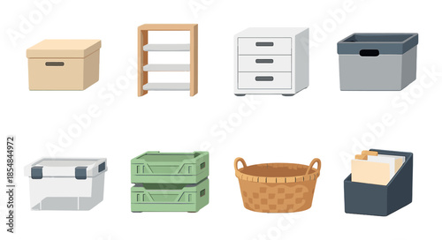 Various storage containers and organizers on gradient background