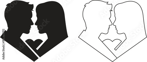 Romantic couple moment flat, line icon set. Vectors illustration graphic depicting man and woman heart silhouette profile face to face love relationship valentine day elements. Wedding dating symbols.