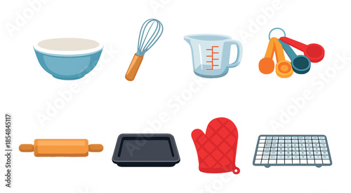Colorful baking tools set: bowl, whisk, measuring cup, spoons, rolling pin, tray, mitt, rack