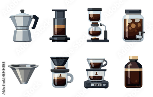Assorted coffee brewing methods featuring moka, aeropress, siphon, and cold brew icons