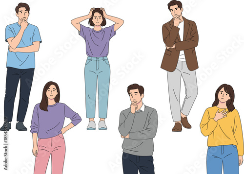 Set of thoughtful and worried people expressing doubt confusion and decision making emotions flat vector illustration