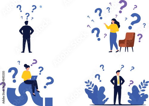 Business people facing questions and uncertainty concept with confused characters thinking problem solving decision making vector illustration