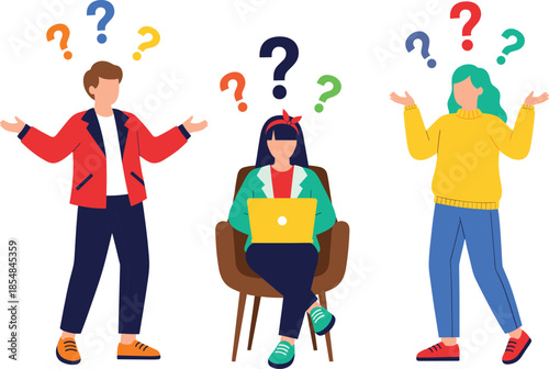Diverse flat vector people shrugging with colorful question marks representing confusion and business help center support concept set
