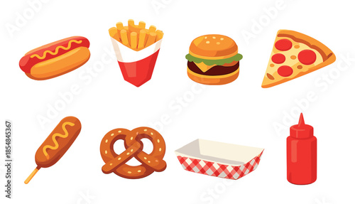 Colorful illustration of fast food items displayed with vibrant lighting