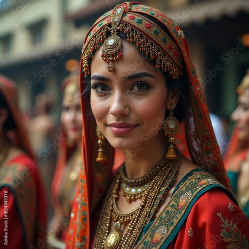 AI generated Candid image of woman showcasing cultural attire at lively urban festival