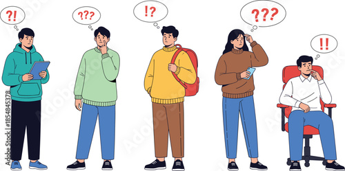 Flat vector illustration set of diverse people thinking with question marks and exclamation points for problem solving concept