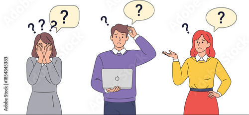 Stressed and confused business people with laptops and question marks in flat vector illustration for technical support and burnout