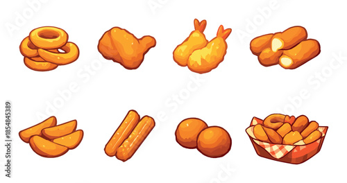 Variety of fried snacks including onion rings, chicken drumsticks, and mozzarella sticks