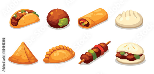 Diverse international snacks: taco, falafel, burrito, bao, samosa, empanada, skewer, dumpling