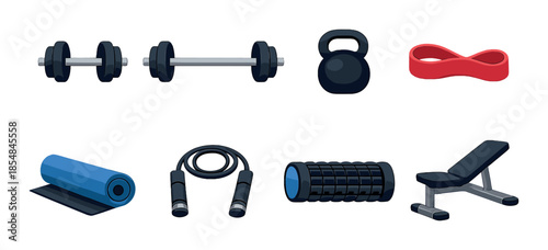 Set of fitness equipment vector illustration with dumbbells, kettlebell, resistance band, and more