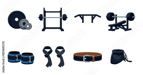 Gym equipment illustration featuring weights, bench, resistance bands, and belt