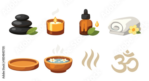 Relaxing spa elements with stones, candle, oil, towel, and soothing symbols in warm glow