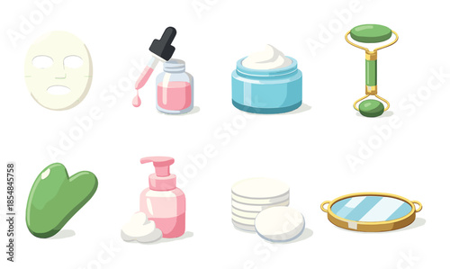 Skincare essentials: roller, mask, serum, cream, mirror in glowing display