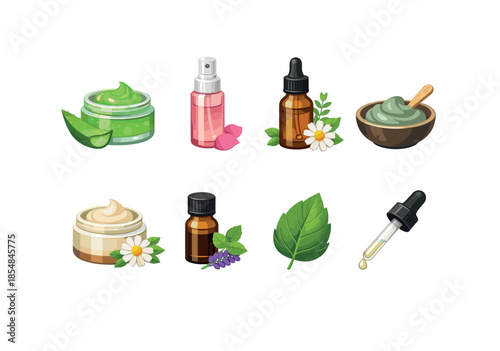 Assorted natural skincare products with botanical ingredients and essential oils
