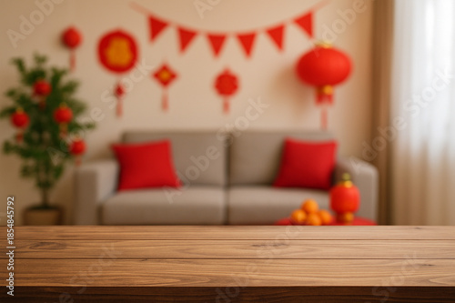 wooden top table with blurry background living room chinese new year decoration