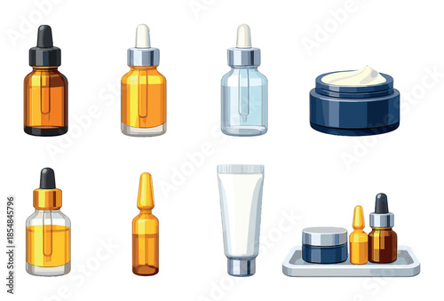 Collection of skincare products displaying serums, bottles, jars, and tubes in various formats