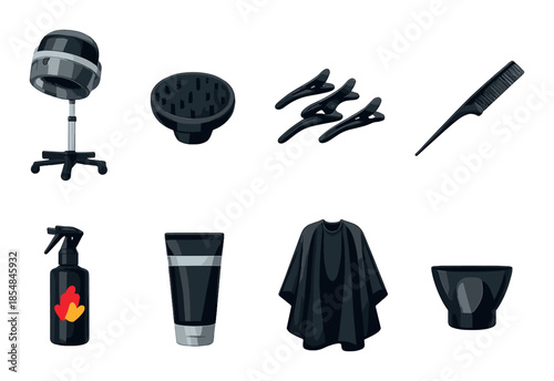 Salon tools set: dryer, clips, comb, spray, cape, bowl, brush