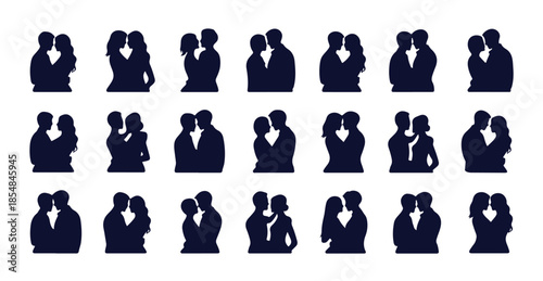 Silhouettes of couples in love on white background set of romantic people for valentines day