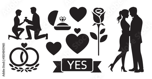 Marriage proposal and wedding symbols set with couple silhouette ring rose and hearts vector