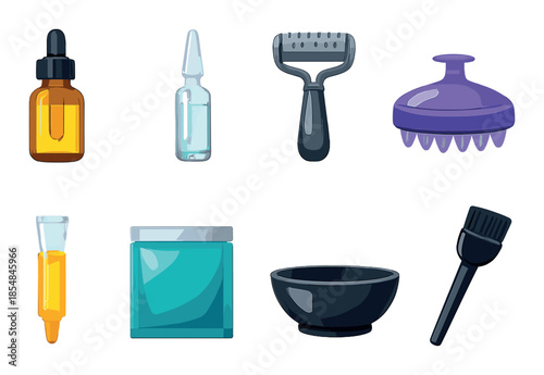 Collection of hair care products: bottles, tools, and brushes displayed on dark background