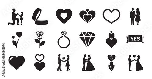 Valentine's day love wedding icons set. black hearts, people silhouettes, rings and flowers