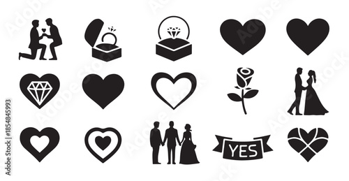 Valentine's day wedding love icons set. black hearts, people silhouettes, rings, and flowers