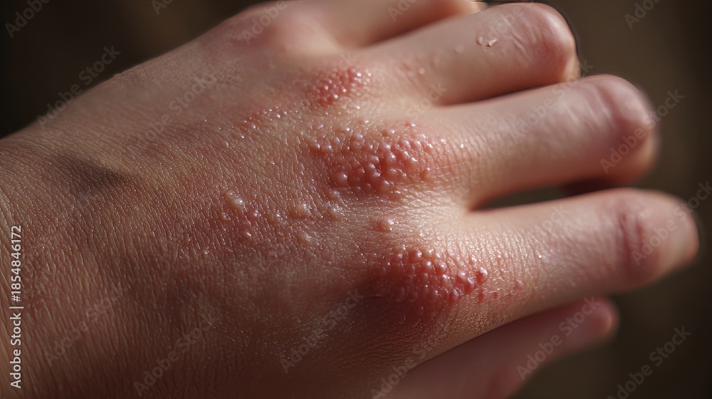 Naklejka premium Close-Up of Human Hand with Dermatological Skin Condition Showing Inflamed Red and White Bumps