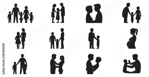 Family silhouettes of parents and children together in various poses