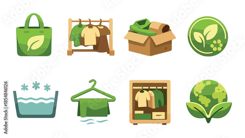 Eco-friendly laundry and clothing icons illustrating sustainable practices