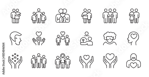 People love relationship line icons set. hearts, couples, hands, and human heads with affection
