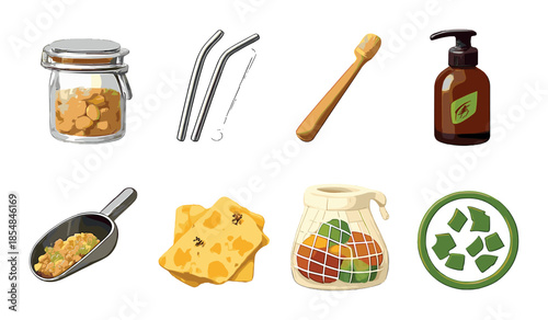 Eco-friendly bathroom essentials: soap, cheese, jar, mesh bag, recycling symbol