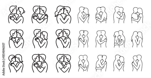 Line art couples set with people hugging and kissing love affection and intimate moments
