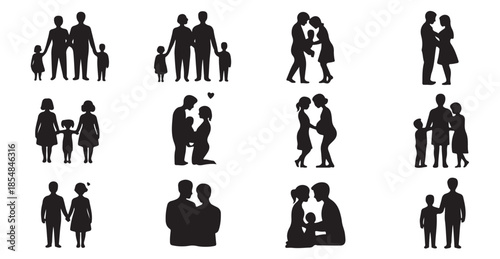 Silhouettes of diverse families and expectant parents showing love and affection together